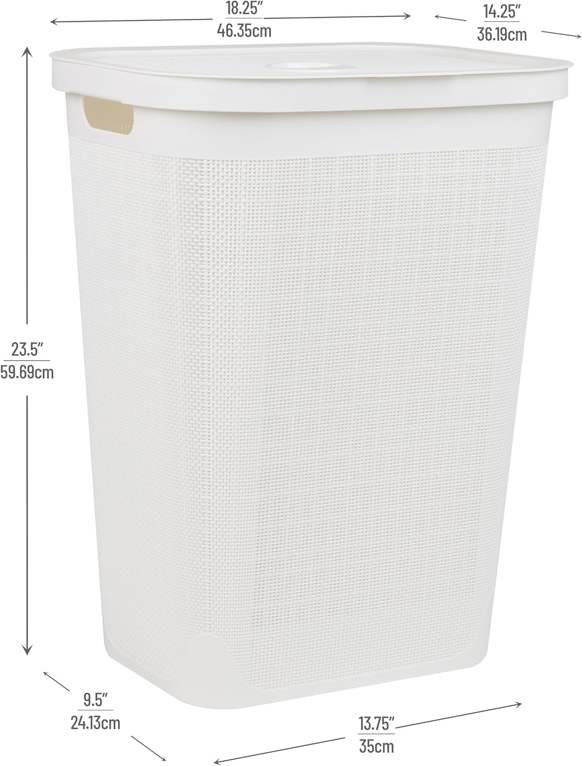 Mind Reader 60L Slim Laundry Hamper, Clothes Basket with Lid, Linen Design, Plastic, 18.25”L x 14.25”W x 23.5”H, White