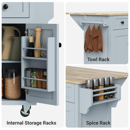 Rovibek Kitchen Island with Drawers 53 in Rolling Island Cart Mobile Portable Islands on Wheels Solid Wood Island with Storage Cabinet & Drawers, Blue