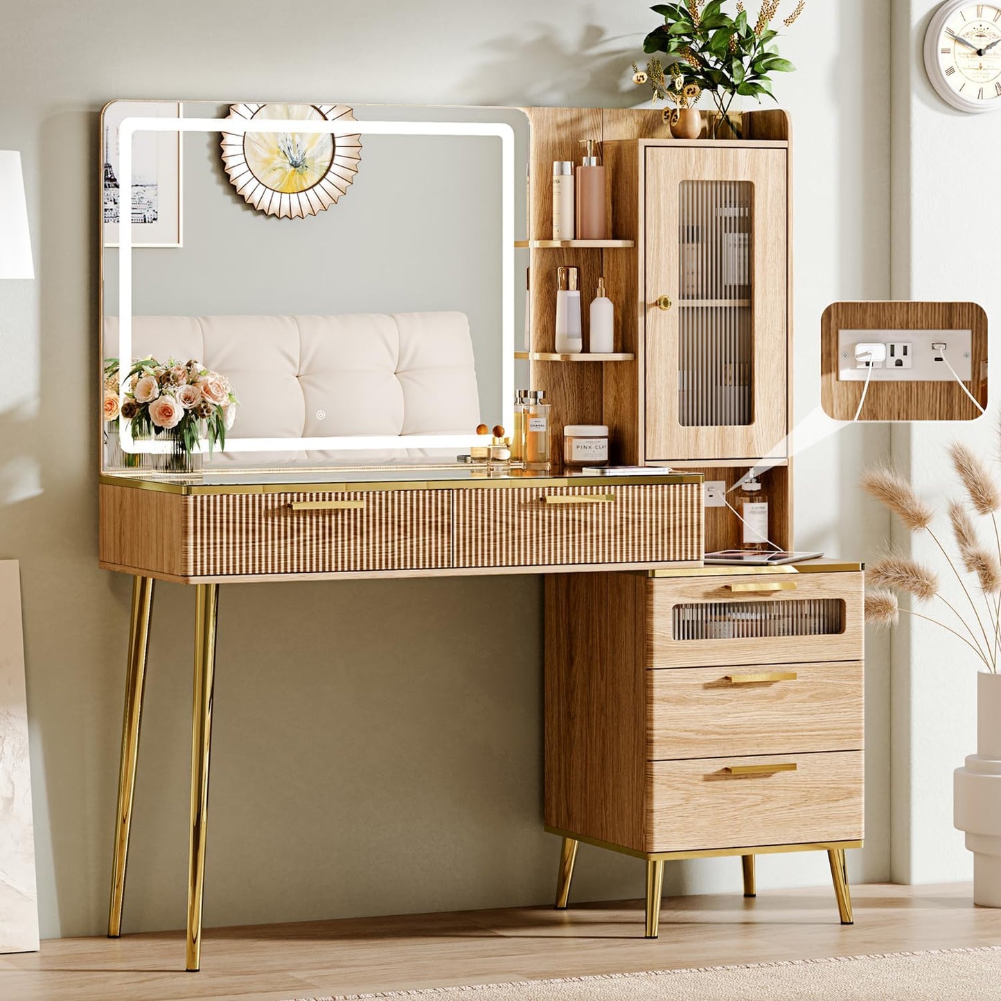 Arulvmrn Vanity Desk with 29.53" HD Lighted Mirror, 47.24" Big Modern Vanity Desk with Mirror and Lights, Makeup Vanity with 5 Drawers and Storage Shelves and Charging Station, Oak