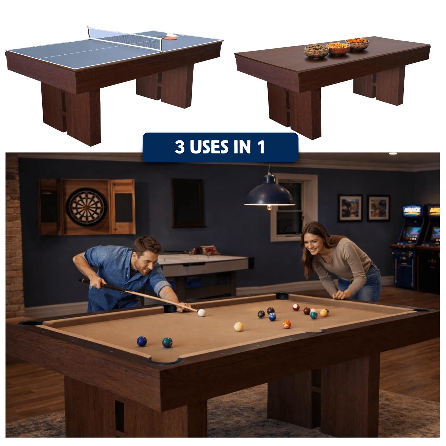 7 FT Pool Table with Dining Top, 3-in-1 Combo Game Table Billiards, Ping Pong and Dining Table. NEW & Improved Design 2026! (Table with Benches)