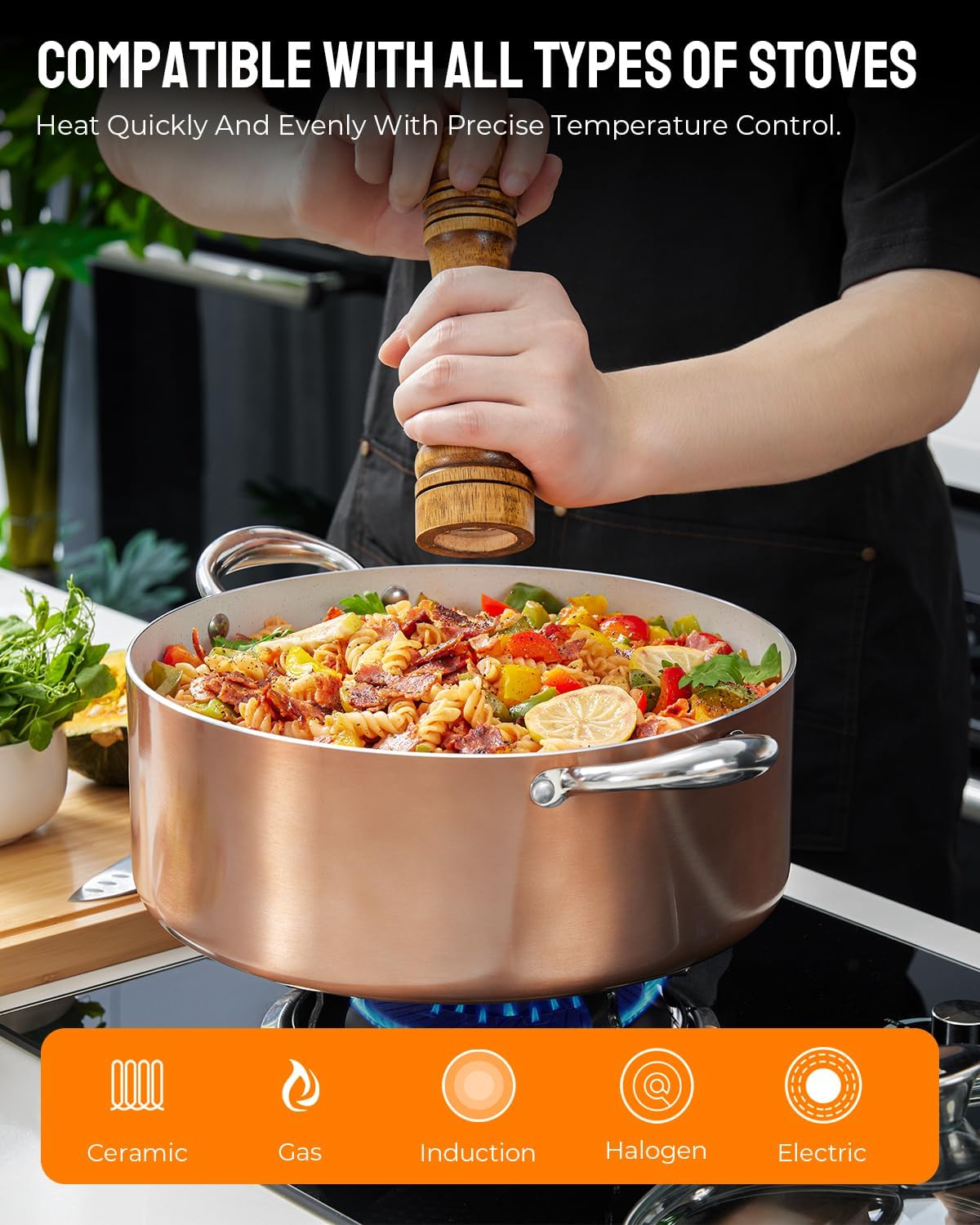 BEZIA 8 Quart Nonstick Stock Pot with Lid, Induction Cooking Pot, Soup Pot for All Stovetops, Non-toxic and Oven Safe, PFOA PFAS Free, Golden