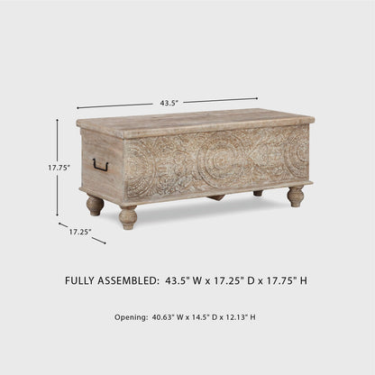 Signature Design by Ashley Fossile Ridge Boho Carved Wood Storage Bench with Hinge Top, Beige