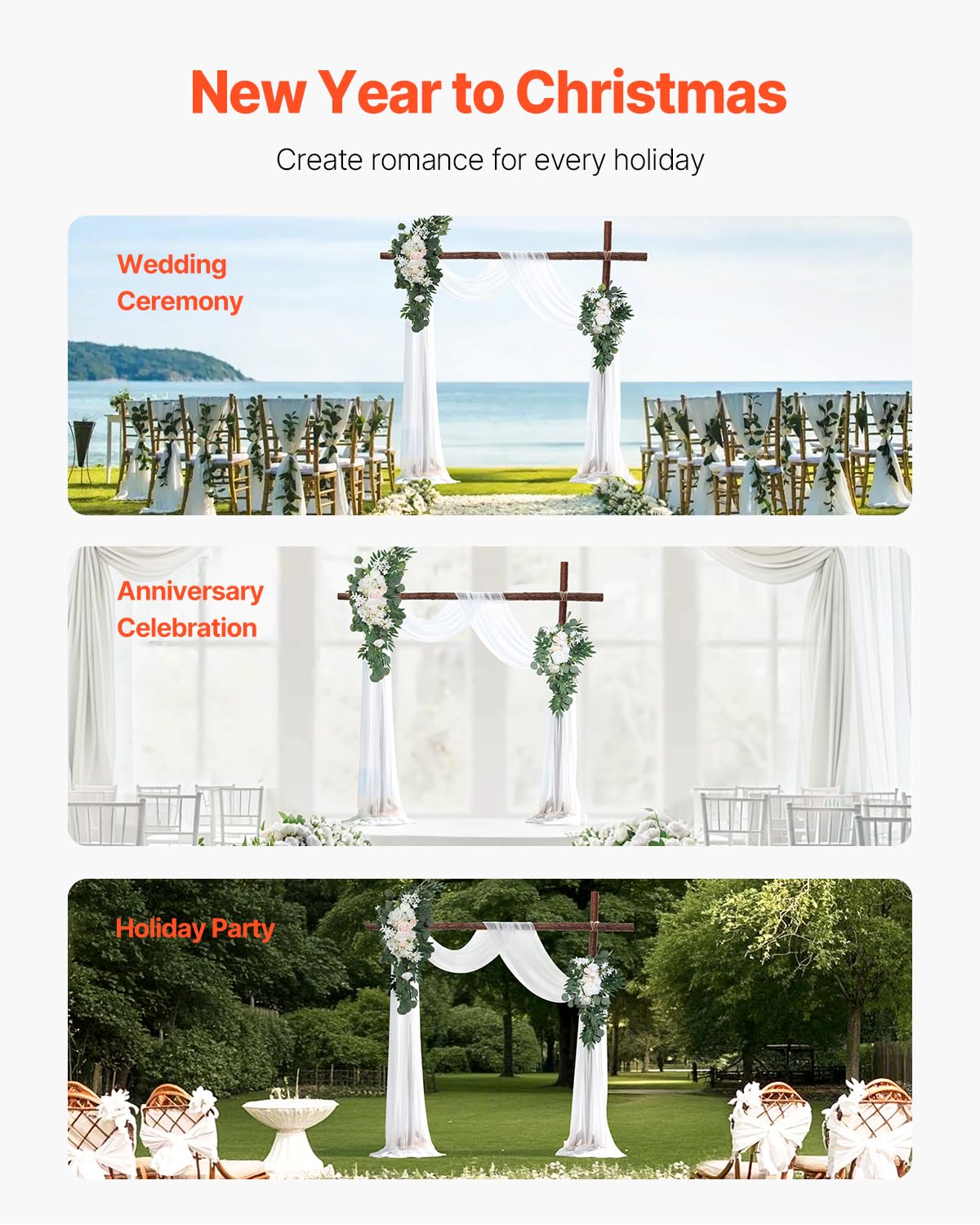 VEVOR Artificial Wedding Arch Flowers Kit, White Wedding Arch Flowers with Drapes Kit (Pack of 4) - 2 Pcs Floral Arrangement, 2 Pcs Sheer Drapes, for Ceremony Bouquets Reception Backdrop Decoration