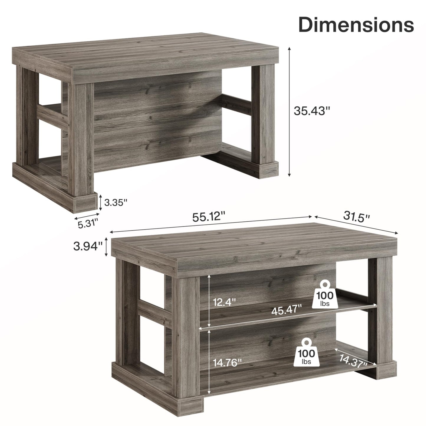 Tribesigns 55" Kitchen Island with Seating and Storage, 3-Tier Farmhouse Wood Stationary Island Table with Large Worktop & Leg Room, Coffee Bar Table with Storage Shelves for Kitchen, Grey