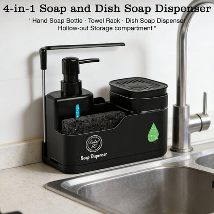 Kitchen Soap Dispenser Set (Black) – 4 in 1 Dual Pump Bottles with Sponge Caddy, Brush Holder, Towel Bar & Drain Rack – Space-Saving Countertop Organizer for Sink & Bathroom