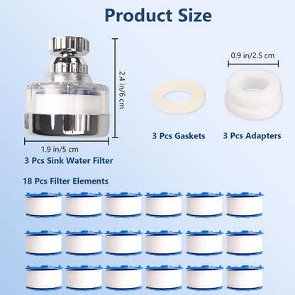 Dexspoeny 3 Pcs of Sink Water Filter and 18 Filter Elements Set, Sink Faucet Filter 360°Rotating, Bathroom Sink Filter Removes Fluoride Hard Water, Faucet Filter Faucet Extender for Home Kitchen Sink