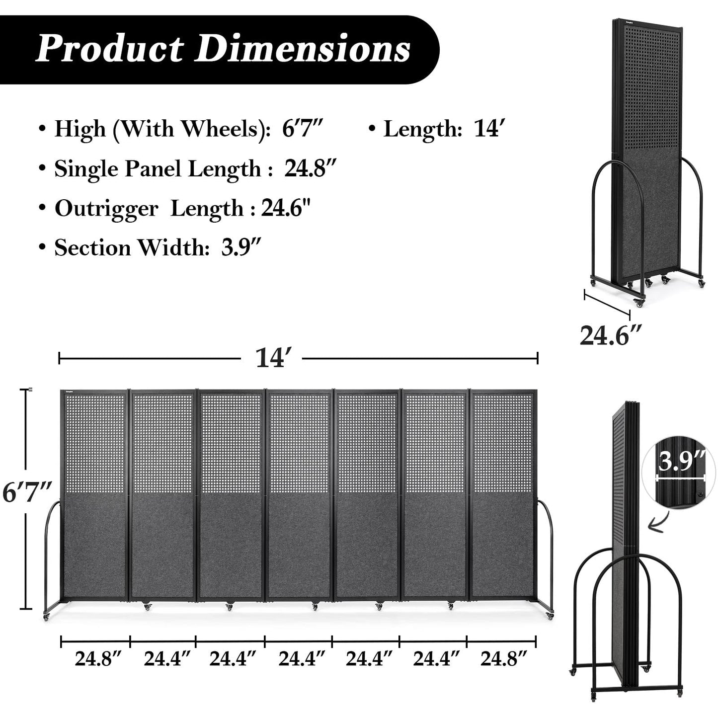 Folding Room Partition,Freestanding Privacy Divider,Portable Office Divider Wall,Commercial Space Partition Screen,Perforated Felt Panel Design,14'3"L* 6'7"H,7 Panel,Dark Grey
