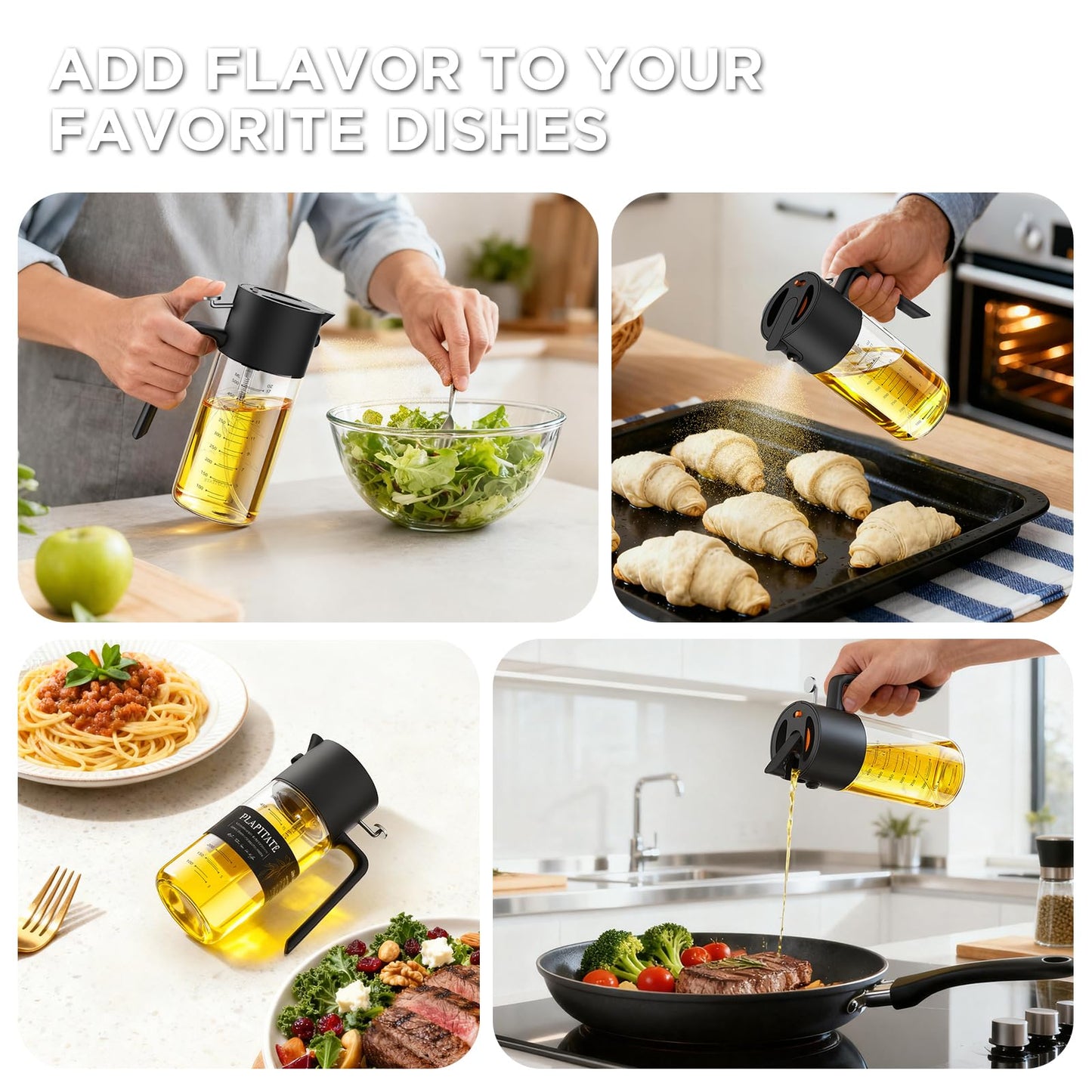 PLAPITATE 17oz/500ml Premium Olive Oil Sprayer for Cooking, 2 in 1 Glass Olive Oil Dispenser Bottle for Kitchen Gadgets, Spray Bottle with Portion Control for Salad, Frying, BBQ (Black)