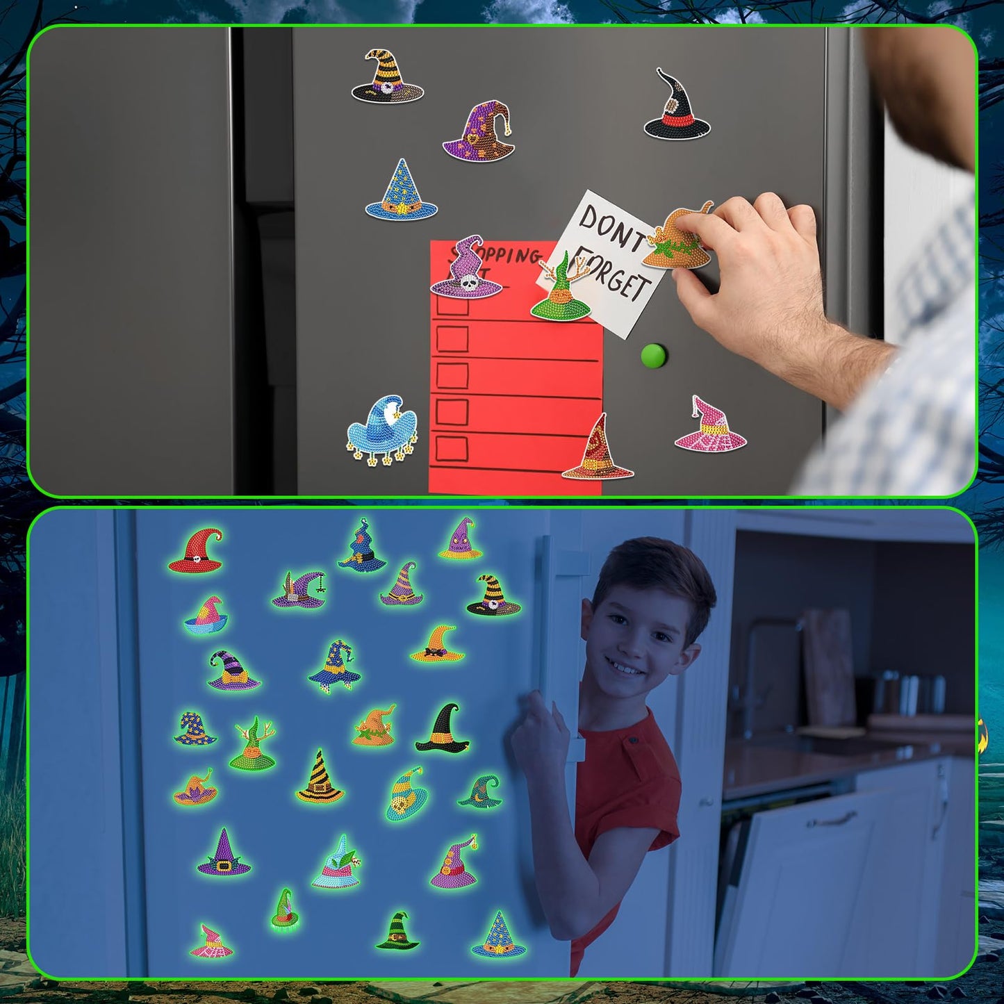 Motipuns 30 Pcs Halloween Diamond Painting Magnets Kits Glow in The Dark Witch Hat Diamond Art Fridge Magnet Refrigerator Sticker for Beginners Kid Adults Home Decors DIY Art Craft Gifts