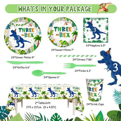 AIBIIN 194pcs Three Rex Birthday Decorations for Boy 3rd Birthday Party Plates, Cup, Napkin, Tablecloth, Tableware, Dinosaur 3 year old Birthday Party Supplies Plates Serve 24 Guests