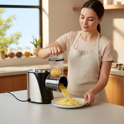 Inequalit Electric Vegetables Slicer Cheese Shredder, 5-in-1 250W Professional Automatic Salad Fruits Maker Shooter Chopper Machine Kitchen Cutter Grater Food Processor with 5 Different Blades