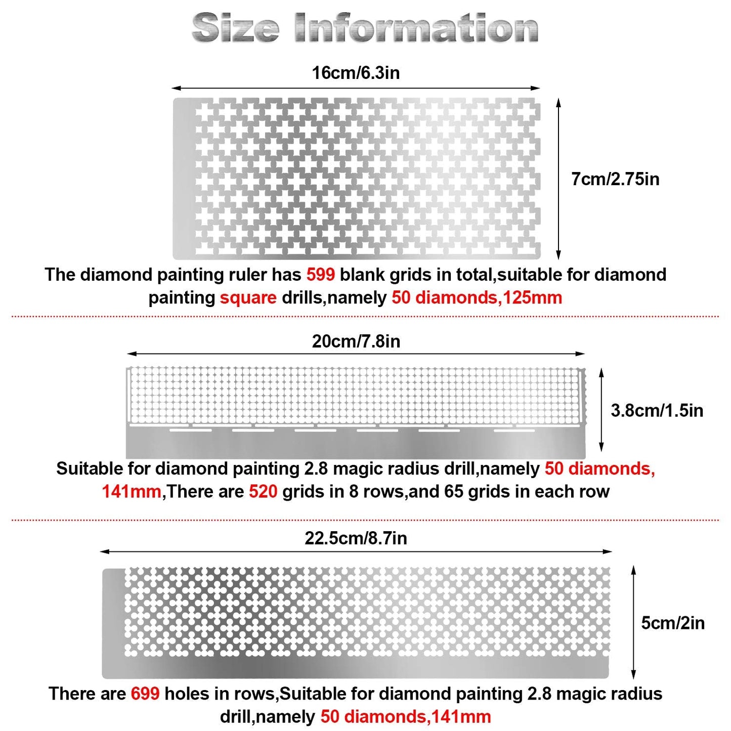 WILLBOND 3 Pieces Diamond Painting Ruler Stainless Steel Mesh Ruler 520 599 699 Blank Grids with 2 Pieces Fix Tool for 5d DIY Diamond Painting Supplies Art Crafts