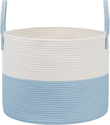 JMvicyroam 65L Extra Large Blanket Basket - Woven Cotton Rope Laundry Hamper with Reinforced Handles | Machine Washable, White & Blue