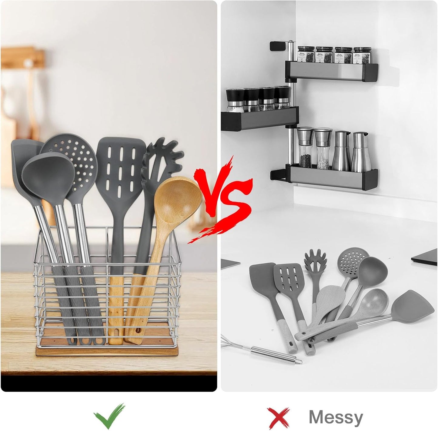 Utensil Holder for Kitchen Counter, Metal Rack for Cooking Tools Storage, Sturdy Base with Drainage Hole (Chrome Wooden)