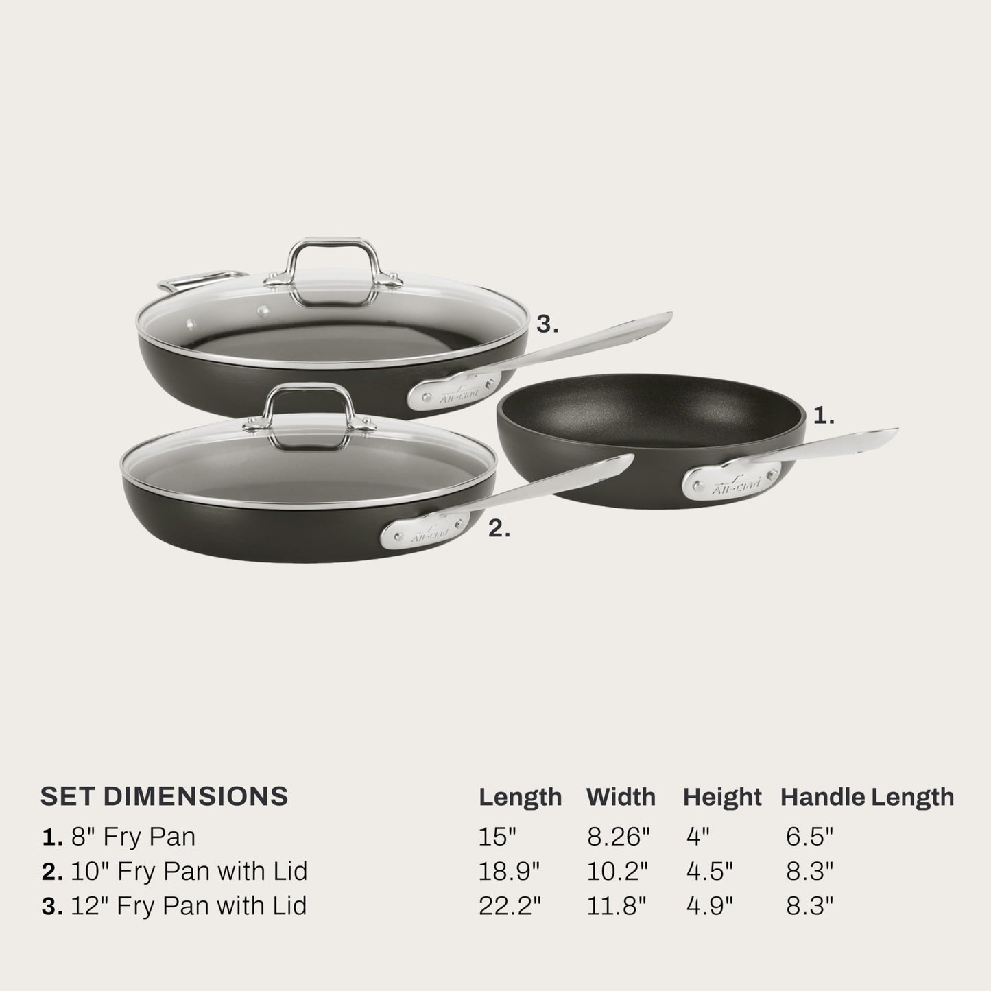 All-Clad HA1 Hard Anodized Nonstick Fry Pan Set – 5-Piece Cookware, 8", 10", 12" Skillets with Lid, Induction Compatible, Oven Safe to 500°F, Lid Safe to 350°F, Black