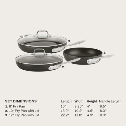 All-Clad HA1 Hard Anodized Nonstick Fry Pan Set – 5-Piece Cookware, 8", 10", 12" Skillets with Lid, Induction Compatible, Oven Safe to 500°F, Lid Safe to 350°F, Black