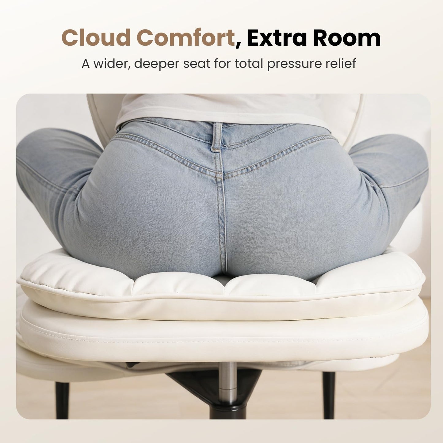 HOMRELEXA Extra-Wide & Tall Cross-Legged Office Chair – Deeply-Padded Cloud Seat, Ergonomic Back Support, Adjustable Height for ADHD & Meditation, White
