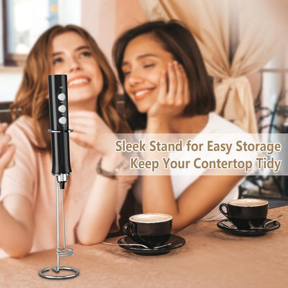 FITNATE Rechargeable Milk Frother with Stand, Handheld Drink Mixer with 3 Stainless Whisks for Coffee & Latte