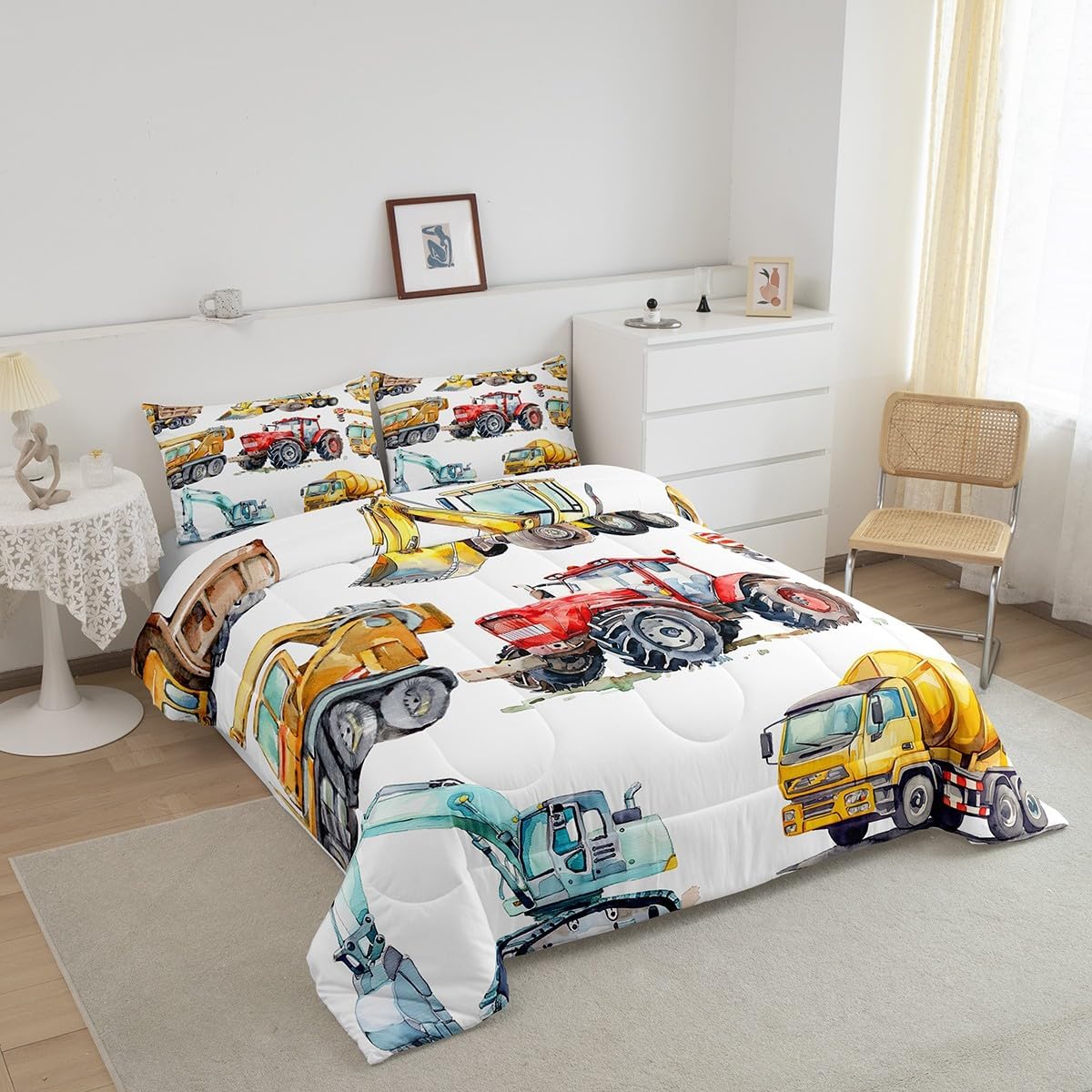 Set Set Erosebridal Kids Excavator Comforter Twin Size, Retro Truck Down Comforter for Boys Girls Teens, Tractor
