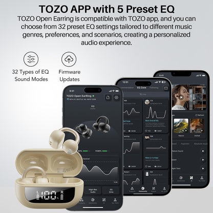 TOZO OpenEarRing True Open Ear Earbuds, Lightweight Comfort Open Ear Clip Wireless Earbuds, 40H Play Bluetooth 5.4 Headphones with Smart Digital Display Design Fit Sports Running, Workout Khaki