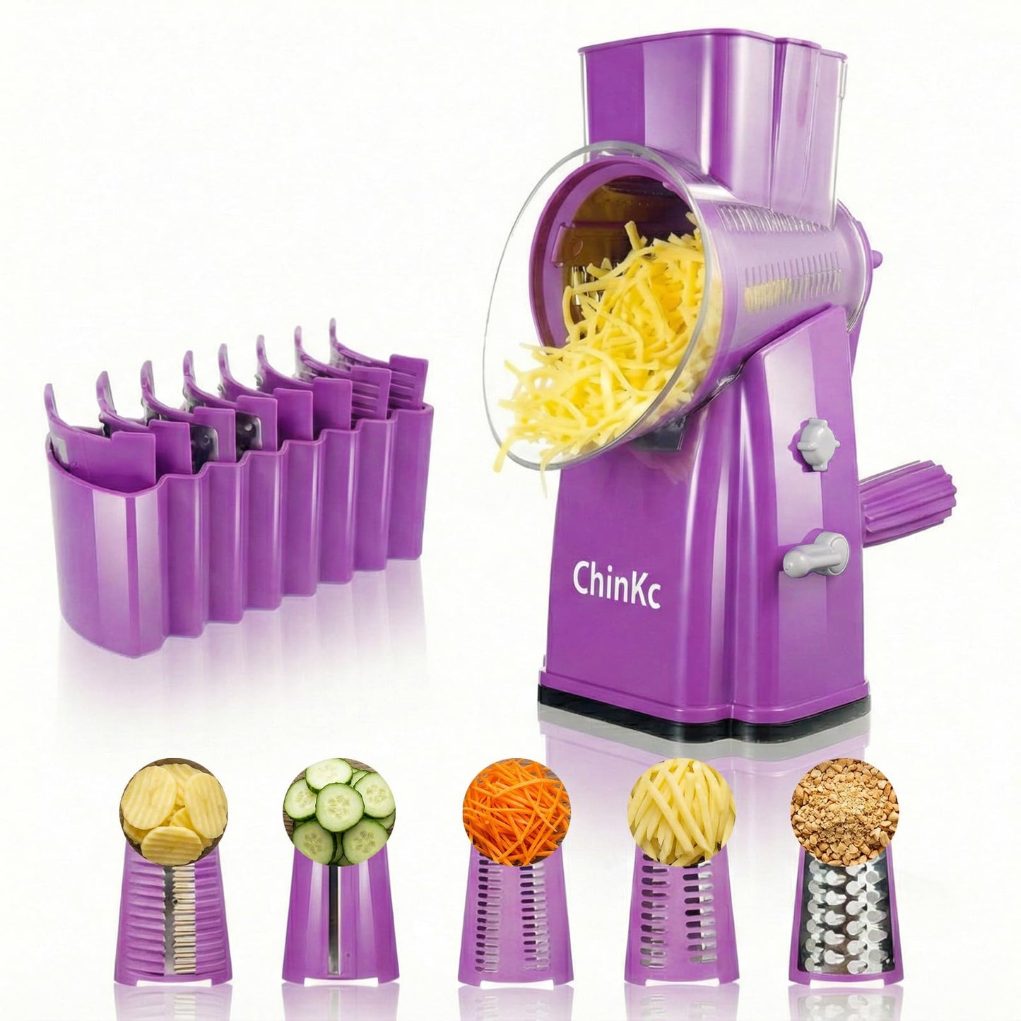 ChinKc Upgrade Rotary Cheese Grater Shredder with Handle, Strong Suction Base, Multi-purpose Rotary Grater Slicer with 5 Interchangeable Blades for Ice, Vegetables, Fruit, Nuts with Blade Storage Box