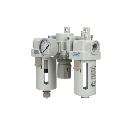PneumaticPlus SAU400-N04G Compressed Air Filter Regulator Lubricator Combo 1/2" NPT - Poly Bowl, Manual Drain, Bracket, Gauge