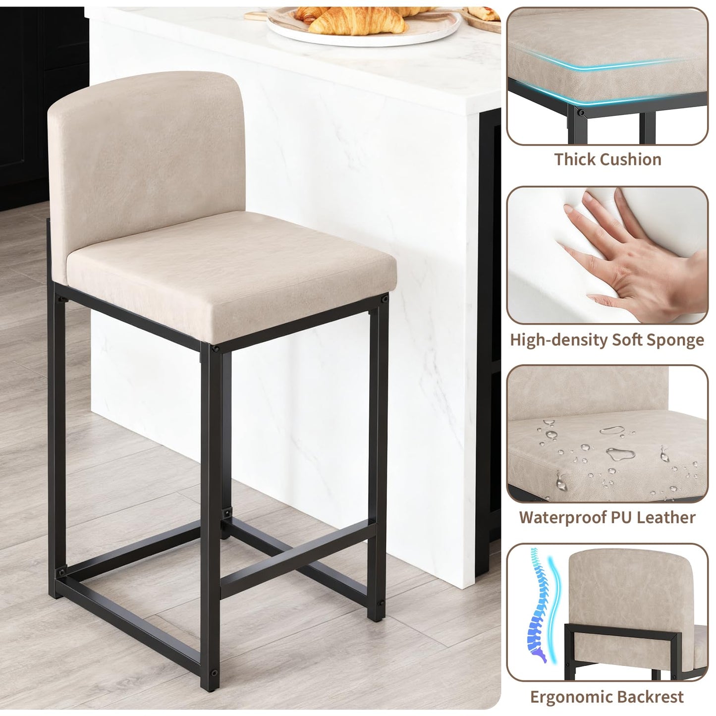 GarveeHome Bar Stools Set of 4, Modern Counter Height Bar Stools with Back and Footrest, Faux Leather Upholstered Barstools Chairs for Kitchen Island Dining Room Bar, Beige