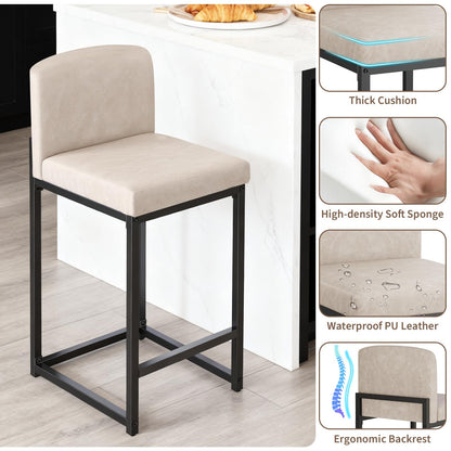 IDEALHOUSE Modern Bar Stools Set of 4, PU Leather Counter Height Barstools with Back, Upholstered Bar Chairs for Kitchen Island & Home Bar, Metal Frame, Beige