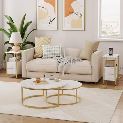 HOOBRO End Table with Charging Station, Narrow Side Table with 2 Drawer & USB Port & Power Outlets, Nightstand for Small Spaces, Stable and Sturdy, for Living Room, Bedroom, Gold and White DW541BZ01
