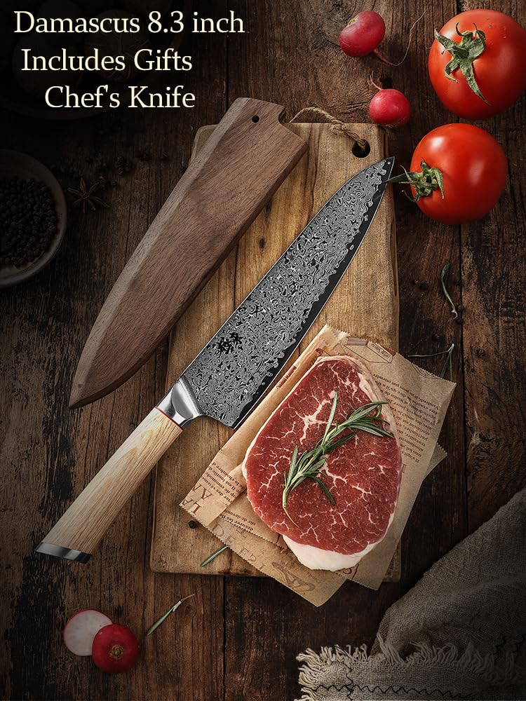 DONGSUN 8 Inch Damascus Chef Knife with North American Black Walnut Sheath, 67-Layer VG10 Forged Steel Japanese Gyuto, Professional Durable Sharpness
