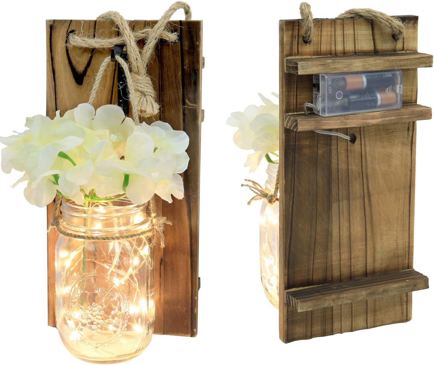 Greenco GRC2859 Rustic Wall Hung Mason Jar Sconce with Faux Flower and LED Strip Lights