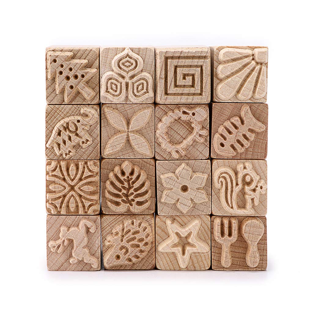 OwnMy Set of 16 Clay Modeling Pattern Stamp Kit, Wooden Clay Pottery Stamps Pottery Tool Wood Block Stamp, Clay Rolling Pin Textured Hand Roller Wooden Handle Pottery Tools Set