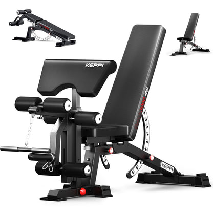 Keppi Fitness Weight Bench, 1200LBS Workout Bench with Leg Extension/Curl and Preacher Curl Attachment, Flat Incline Decline Weight Bench for Home Gym - Bench3000 Max