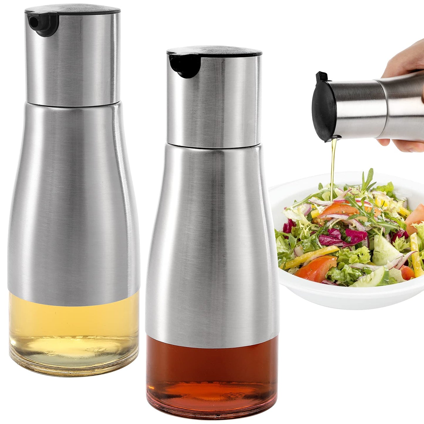 Tebery 2 Pack Silver Olive Oil and Vinegar Dispenser Set, 10OZ Oil Dispenser Cruet with Easy & Drip Free Pouring, Elegant Stainless Steel with Glass Bottom