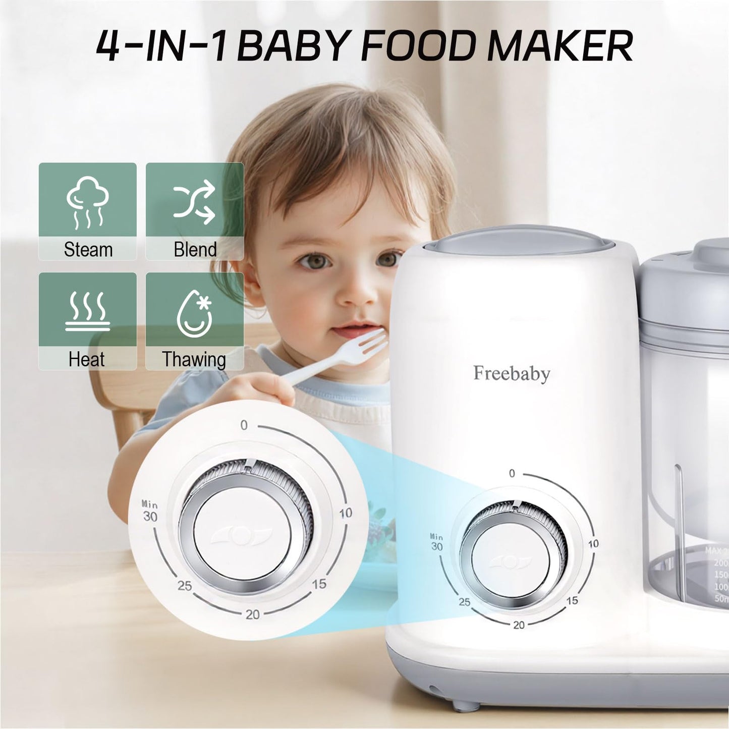 Freebaby 4 in 1 Baby Food Maker, One Step Baby Food Processor, Puree Blender Grinder Mills and Steamer, Baby Puree Maker with Steam Basket, One Button Easy Operation, BPA-Free