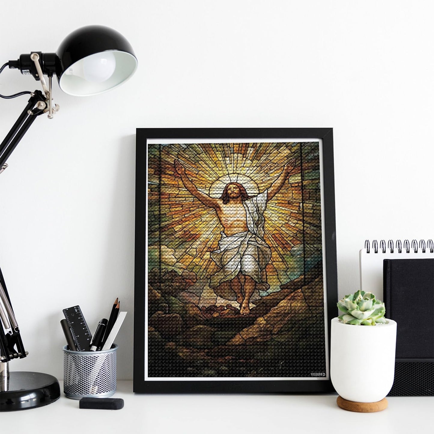 YEEIFFD Risen Jesus Stained Glass Diamond Drawing Art Kit for Adults DIY Diamond Art Painting Full Drill Round Gem Art for Crafts Wall Decor 12x16inch