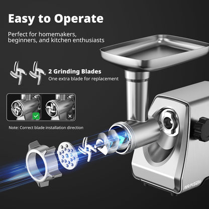 AIRMSEN Electric Meat Grinder & Tomato Sauce Press Maker with Strainer - Heavy Duty Food Mill Machine for Grinding Meat, Making Tomato Sauce, Sausage, Kibbeh for Home Kitchen Use
