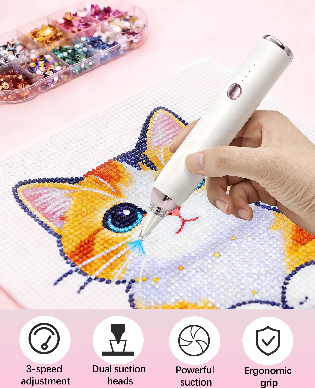 QIDUHUQI Electric Diamond Painting Pen, Diamond Art Vacuum Pen with Round and Square Nozzles, 3 Powerful Suction Modes, Cordless Diamond Art Accessories for Home Crafting and Gifts (Ivory White)