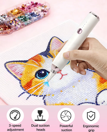 QIDUHUQI Electric Diamond Painting Pen, Diamond Art Vacuum Pen with Round and Square Nozzles, 3 Powerful Suction Modes, Cordless Diamond Art Accessories for Home Crafting and Gifts (Ivory White)