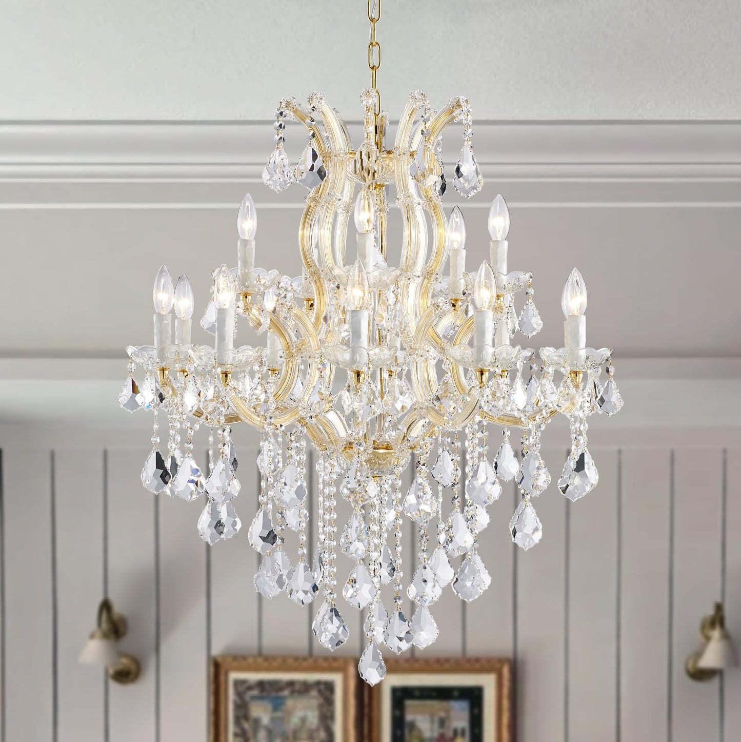 TMAFON Modern Gold Chandelier Light Fixture - Large Maria Theresa Crystal Chandeliers for Dining Room, Kitchen Island, Living Room, Bedroom, 15 Lights, 2 Layers