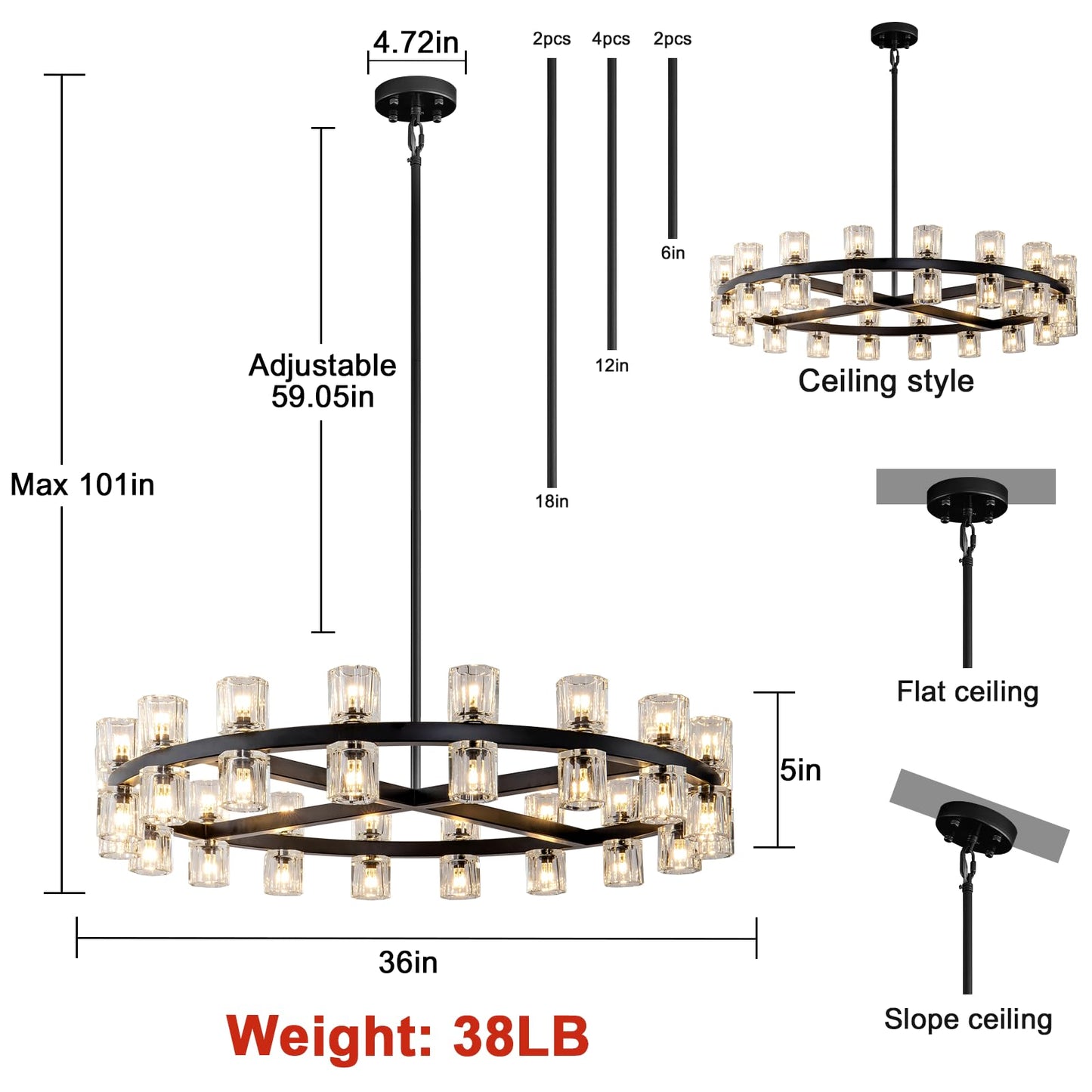 Plsintly Modern Black Crystal Chandelier,36" K9 Crystal Chandeliers for Dining Room Over Table,Wagon Wheel Chandeliers for Dining Room,Living Room,Foyer,Includes 36XG4 Bulbs