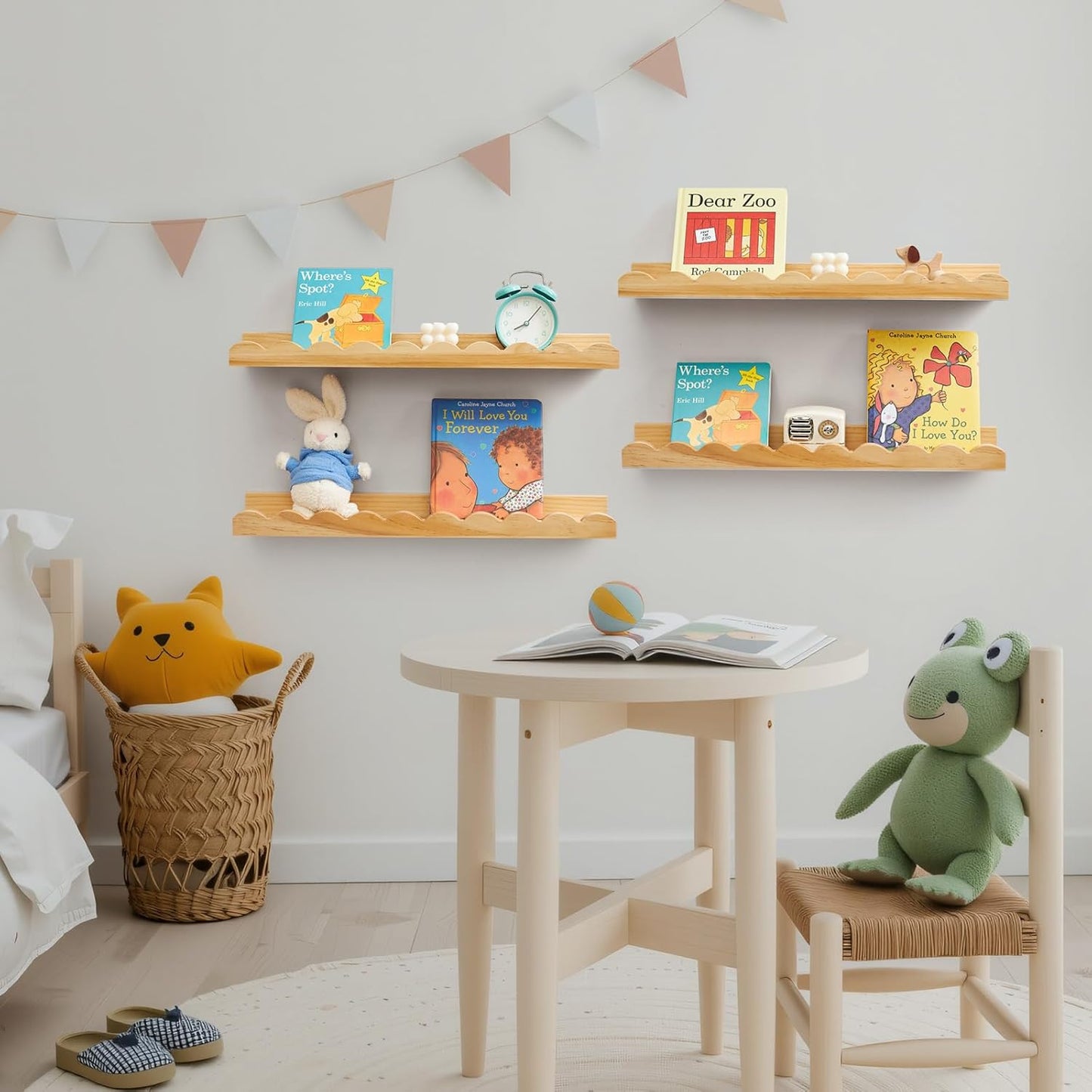 Set 4 Decor(Natural,40cm) Scalloped Baby Book Shelf,Floating Shelves for Wall of Natural Solid Pine Wood Nursery