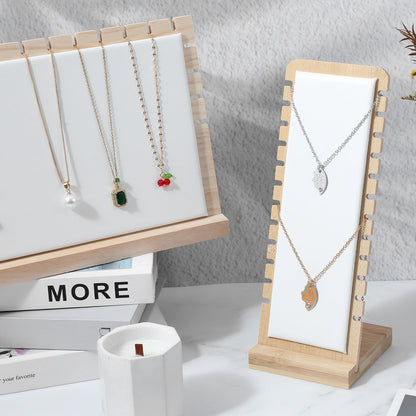 Oqqlin 3 Pcs Necklace Display Stands for Selling, Bamboo Necklace Holder with PU Leather Panel Beige Multi-Tiered Jewelry Display Storage Set for Vendors and Home (11.8x7.9x3.3 Inch/10.6x3.9x3.7 Inch)