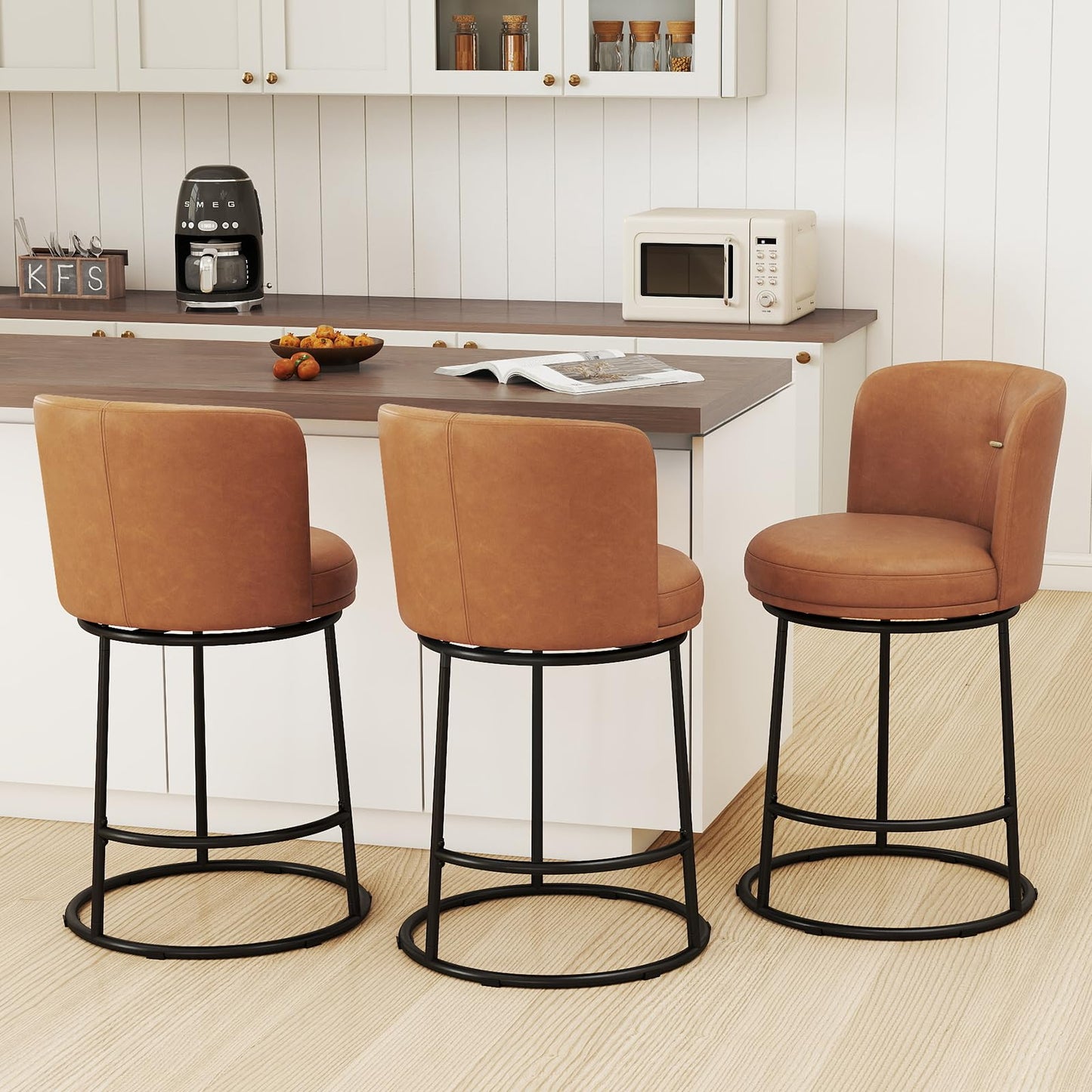 SAECKBERG Swivel Counter Height Bar Stools Set of 4, 26" H Modern Bar Stools for Kitchen Island Counter, Upholstered Barstools with Backs, Counter Height Chairs （Brown, Faux Leather）