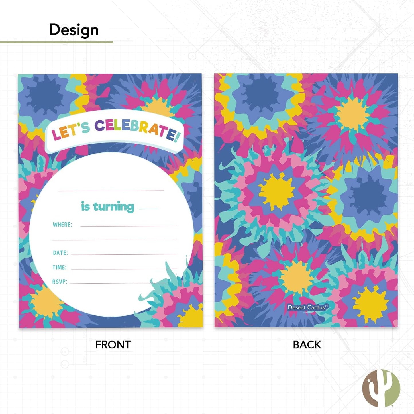 Desert Cactus Tie Dye Happy Birthday Invitations, Style 2 Invite Cards (10 Count) with Envelopes
