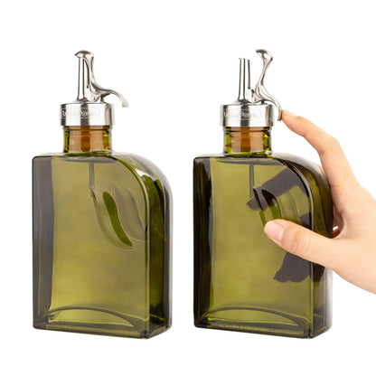 Lu-lupour Olive Green 12oz Glass Olive Oil Bottle Dispenser - 350ml Oil and Vinegar with Pourers and Funnel - Oil Dispenser Bottle for Kitchen