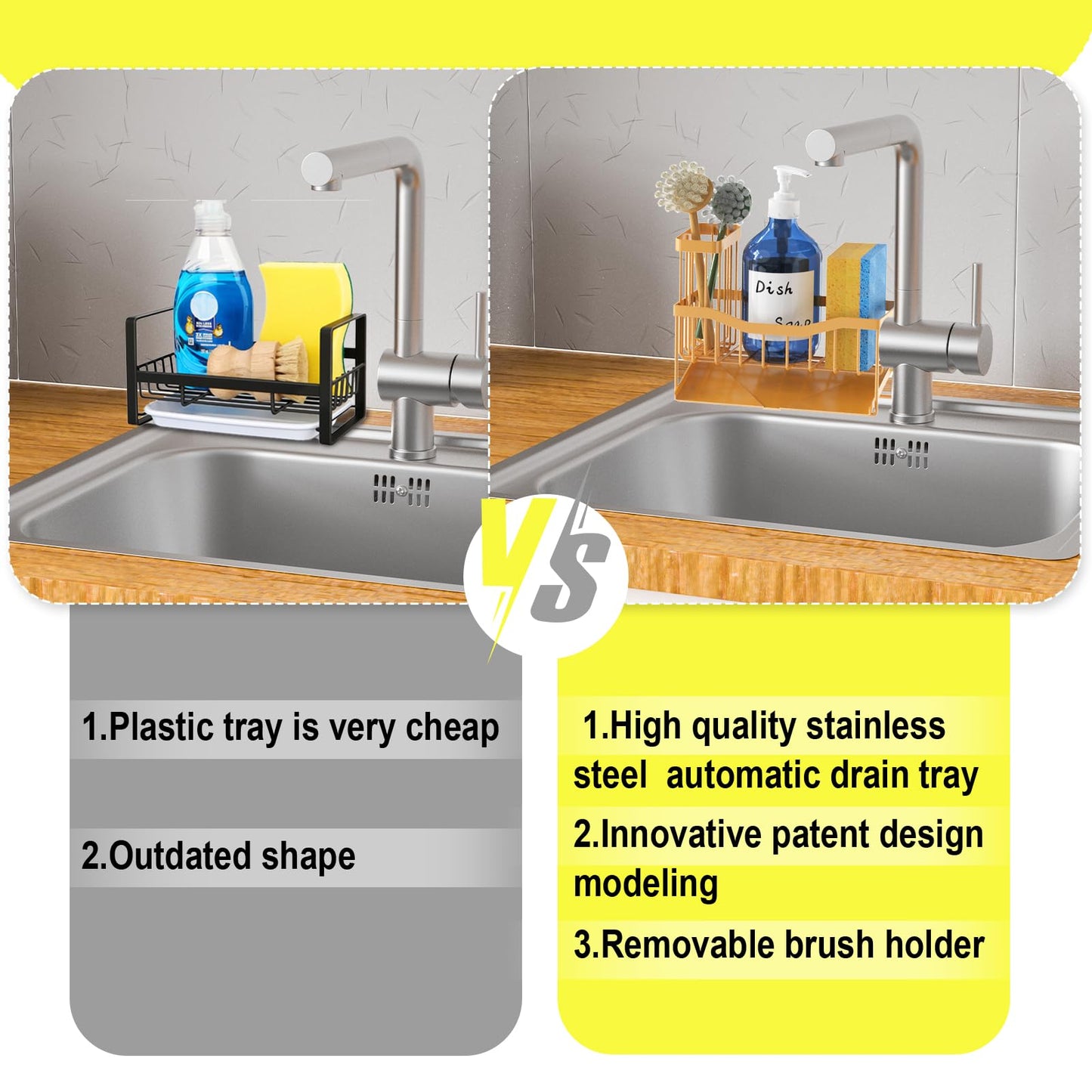 Fssvcd Maifan Sink Caddy Sponge Holder for Kitchen with Brush Holder and Stainless Steel Self Drain Tray, Rustproof Kitchen Sink Organizer for Sponge, Soap Dispenser Storage Accessories