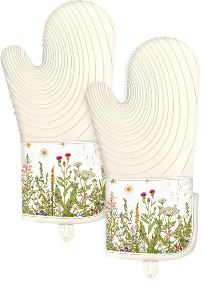 Slohif Long Silicone Oven Mitts Heat Resistant for Women - 2 Pcs Flowers 100% Cotton Oven Gloves, Non-Slip and Waterproof Silicone Oven Mitts with Hanger for Baking and Cooking