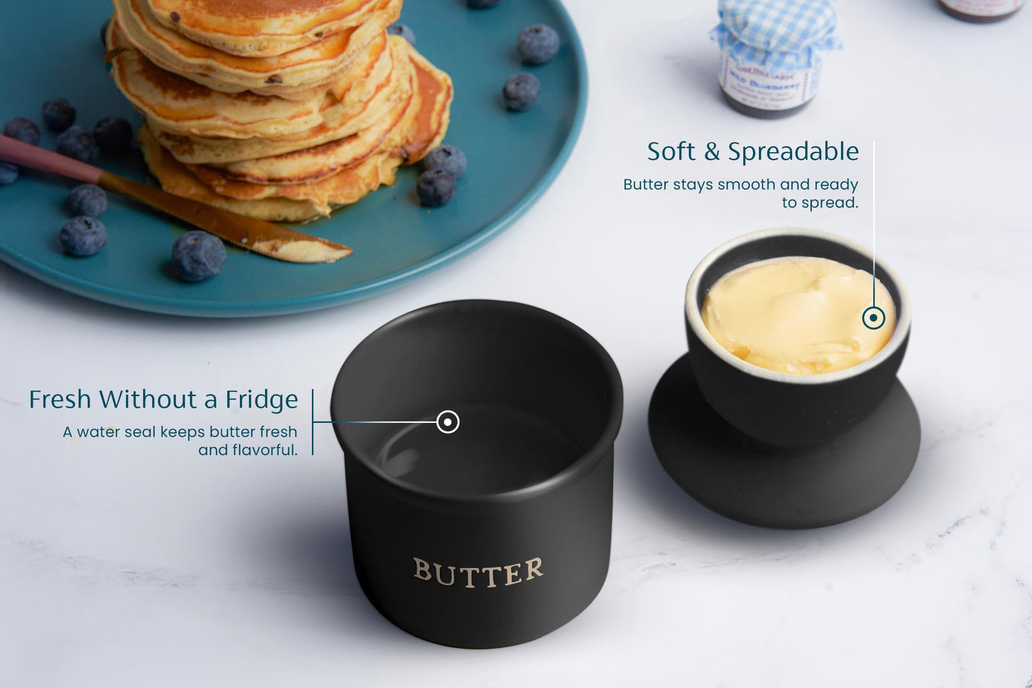 Kook Butter Crock with Lid, Soft Spreadable Butter, Ceramic French Butter Keeper to Leave On Counter with Water Line, Butter Dish, Home and Kitchen Decor, Perfect for Christmas Gift (Black)