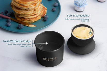 Kook Butter Crock with Lid, Soft Spreadable Butter, Ceramic French Butter Keeper to Leave On Counter with Water Line, Butter Dish, Home and Kitchen Decor, Perfect for Christmas Gift (Black)